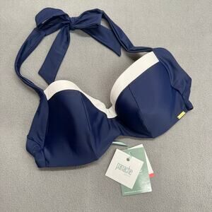 Panache Swim Anya Cruise Bikini Top Womens 38DD Navy White Retro Pin Up Halter